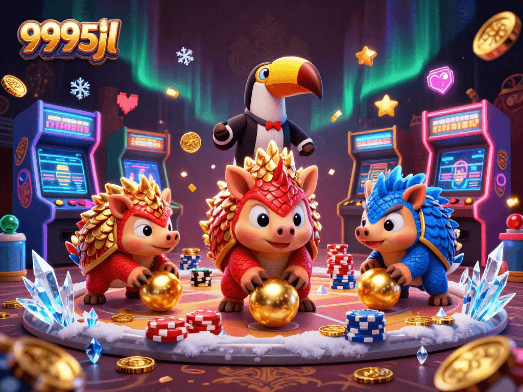 Engaging 3D scene of pangolins playing competitive casino games at 9995jl, featuring vibrant casino elements and rich details.