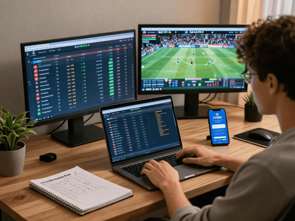 Engaging scene of a user betting on CV666 in a stylish home office, with dynamic sports displays and betting tools.