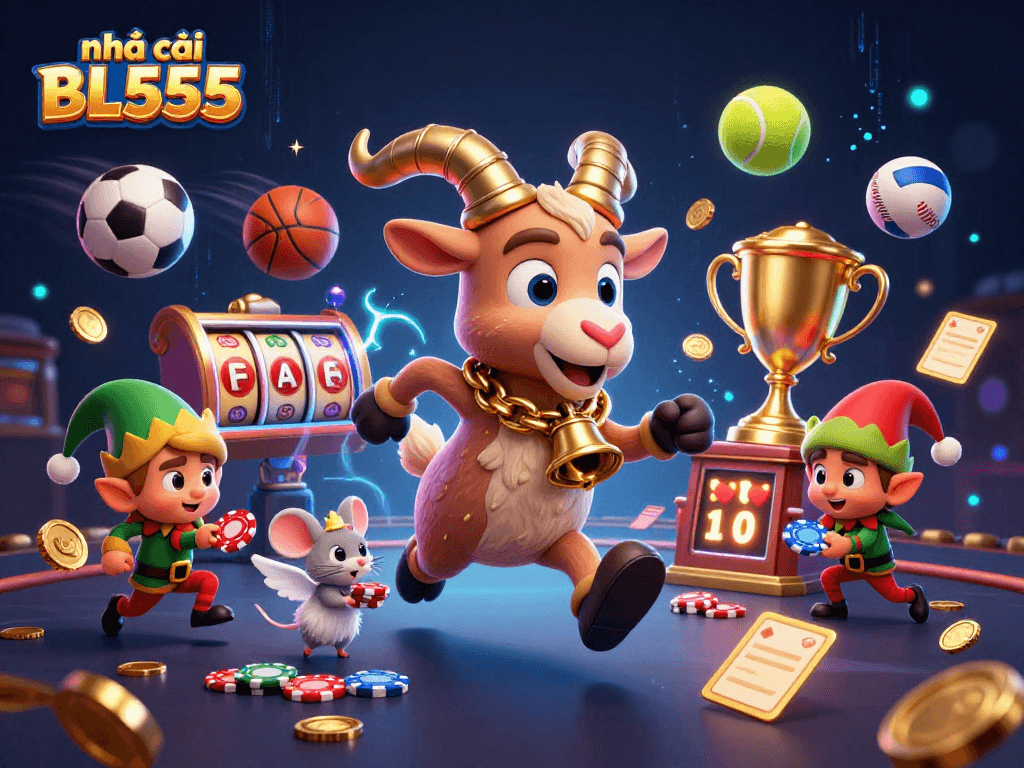 A captivating scene of nhà cái BL555 showcasing a Krampus goat in a festive casino, with playful characters and dynamic sports elements.