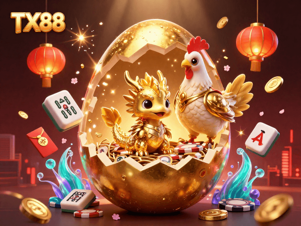 Engage with TX88's dazzling baby dragon casino scene, featuring gold poker chips and festive decorations.