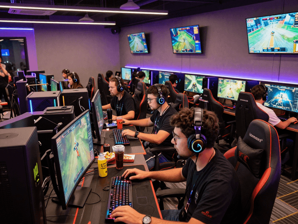 KOMBET168 vibrant gaming center with players engaged in competitive gameplay, showcasing high-end PCs and energetic atmosphere.