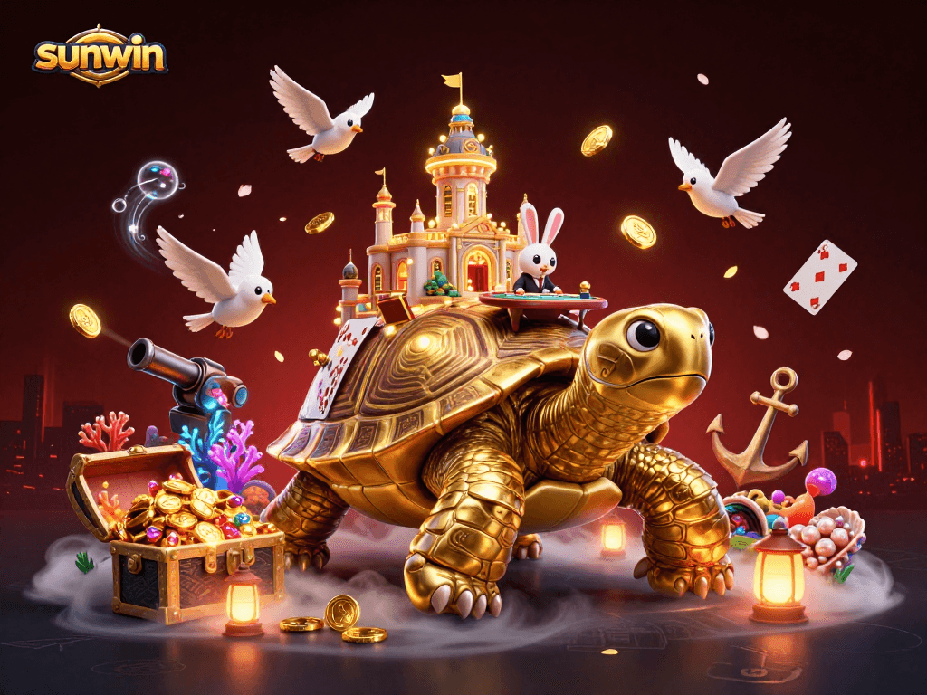 Sunwin's vibrant casino scene featuring a golden tortoise, rabbit dealer, and flying coins.