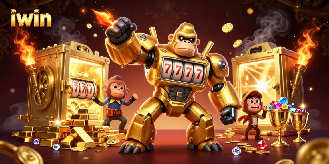 Join the iwin action with a thrilling scene featuring a golden gorilla mech amidst jackpot treasures.