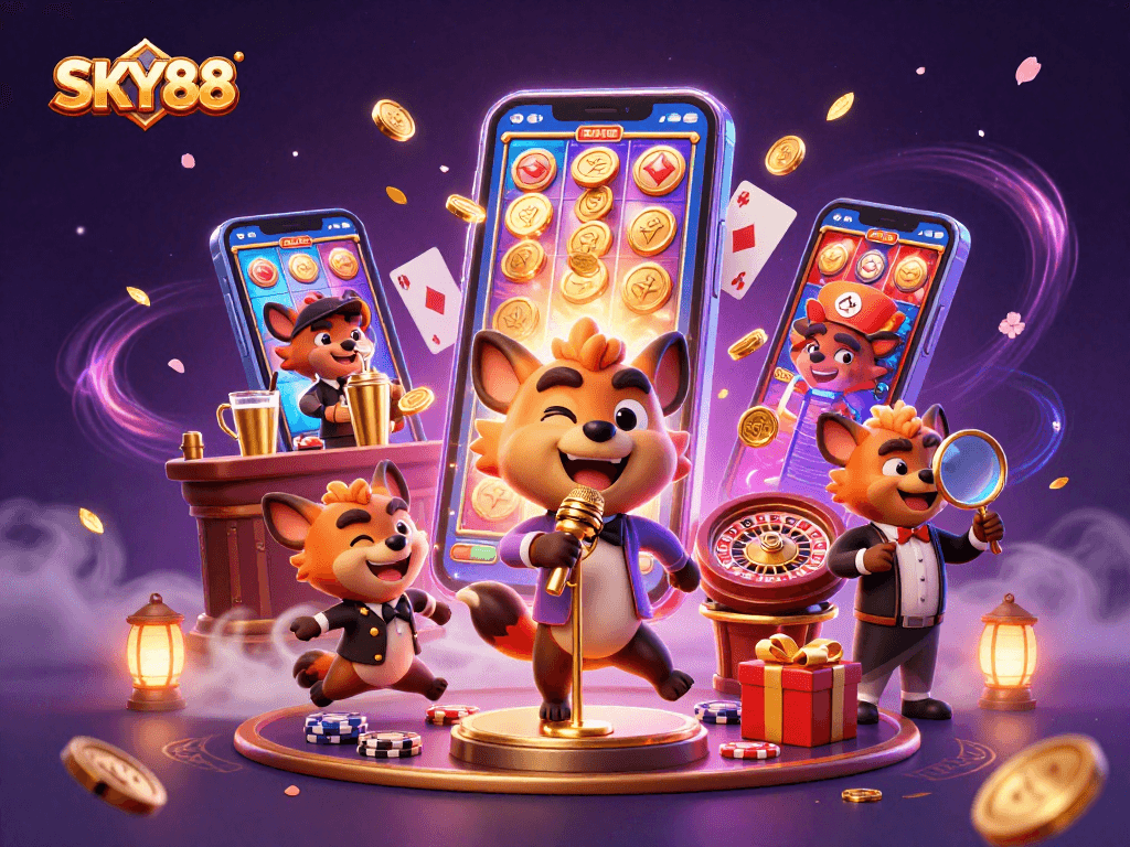 Experience the thrilling atmosphere of SKY88 with entertaining hyenas in a dynamic casino scene.
