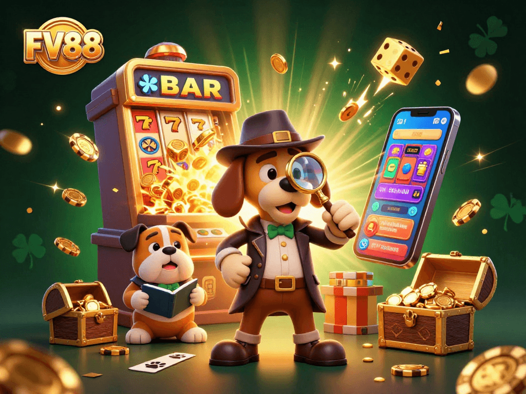 Players explore the FV88 casino with a detective examining a poker chip clue amidst slot machines.