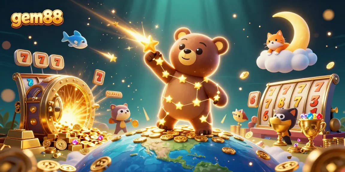 Experience exhilarating jackpots with gem88, featuring a bear and gems in captivating casino illustration.