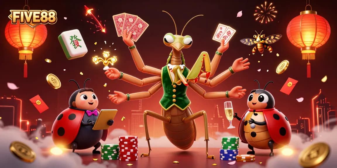 FIVE88 features a charismatic mantis card sharp at a lively casino scene, engaging players with games and celebrations.