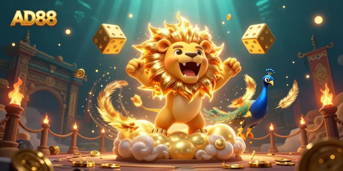Engage with AD88's lively casino scene featuring a sun lion and golden dice.