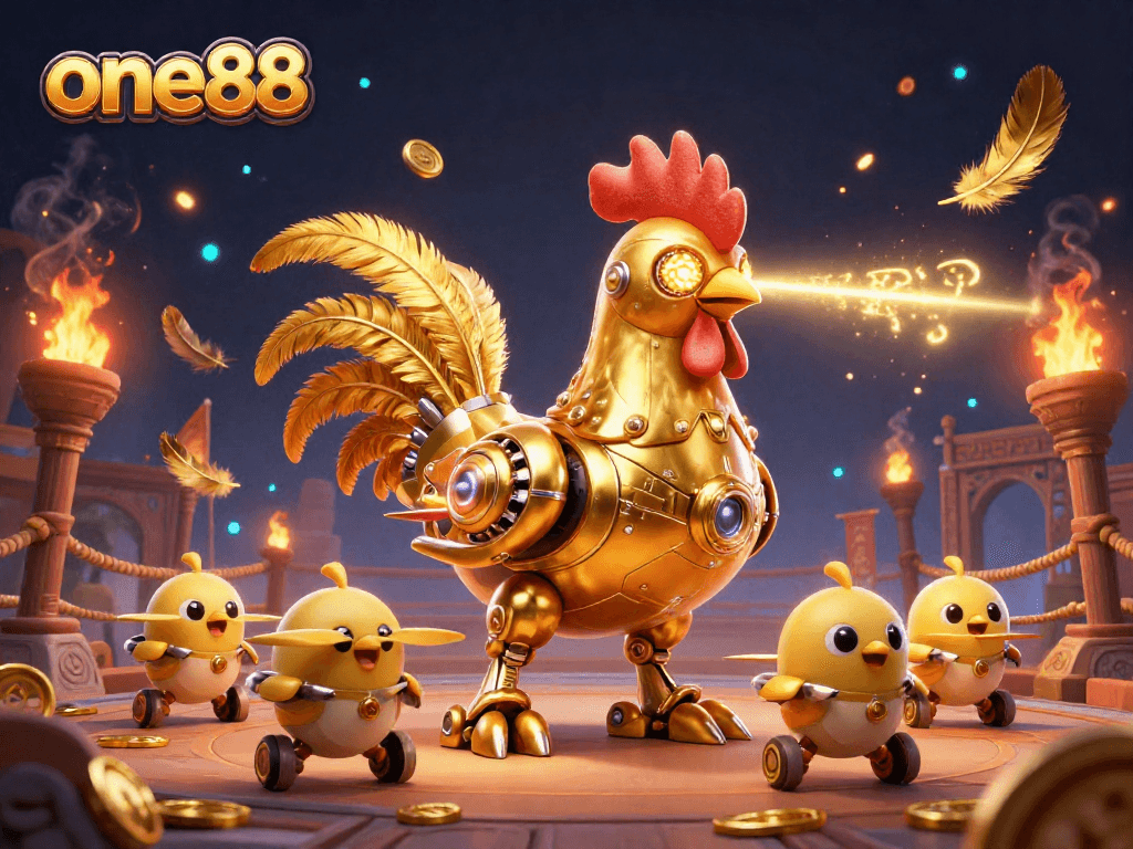Experience thrilling action at one88 with a vibrant 3D digital illustration of a golden rooster robot in a dynamic casino scene.