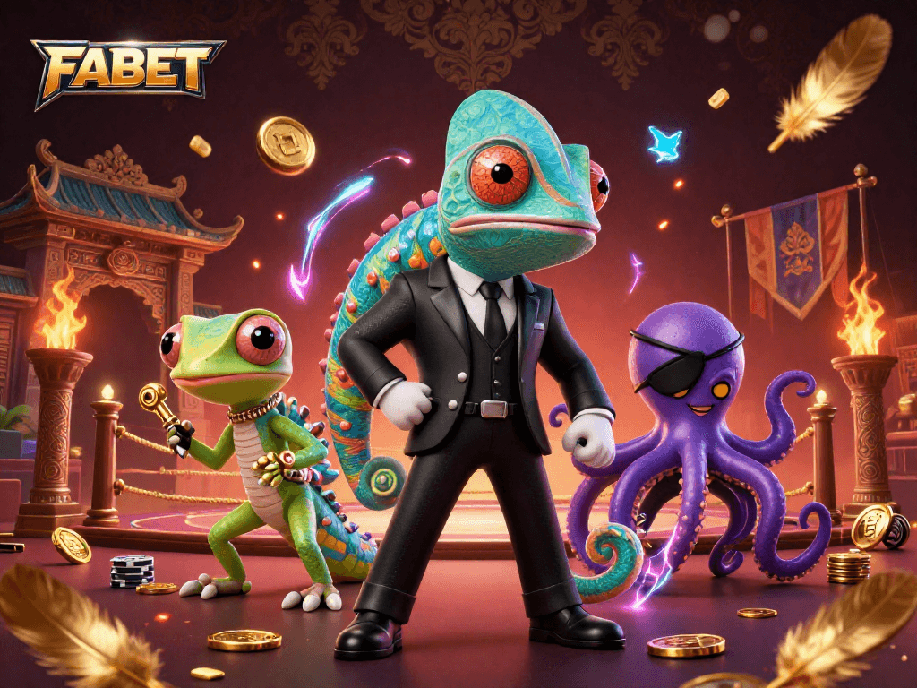 FABET engages players with a thrilling casino scene featuring vibrant characters amid glowing game elements.
