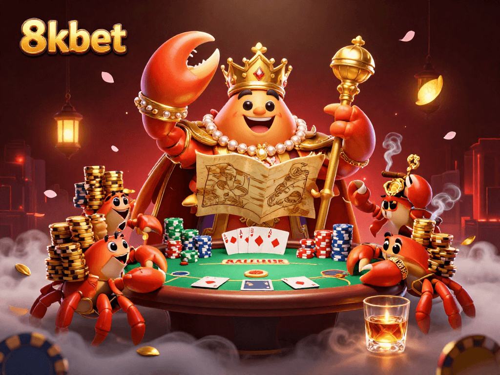 Experience the vibrant energy of 8kbet with a golden crab emperor in a lively casino setting.