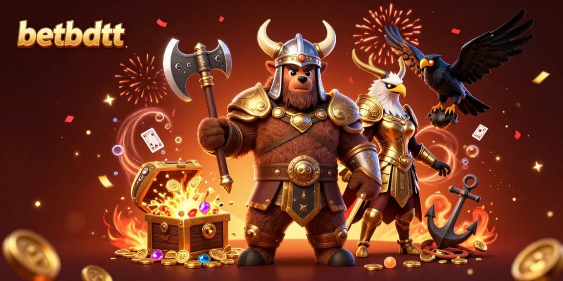 Experience betbdtt's thrilling casino world with Viking characters amidst treasure and vibrant game elements.