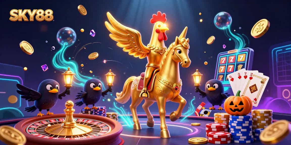 Experience thrilling gameplay at SKY88, with the golden rooster and friends in a vibrant casino atmosphere.