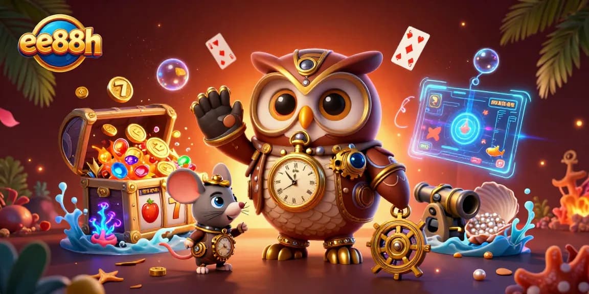 Play to win with ee88h at a vibrant online casino featuring steampunk characters and slot visuals.