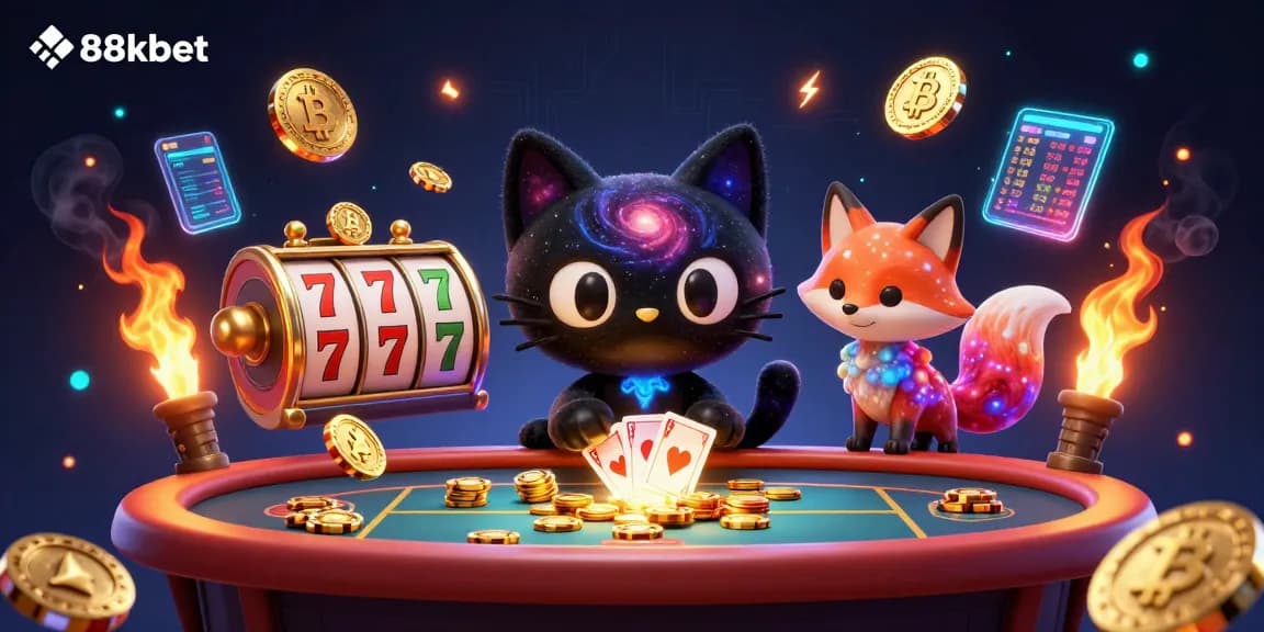88kbet players engaging in vibrant cosmic casino adventures, featuring a black hole cat and nebula fox.