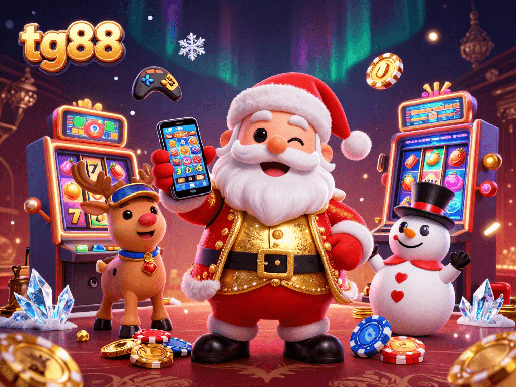 Experience the excitement of tg88 with a festive Santa playing jackpot slots in a vivid casino.