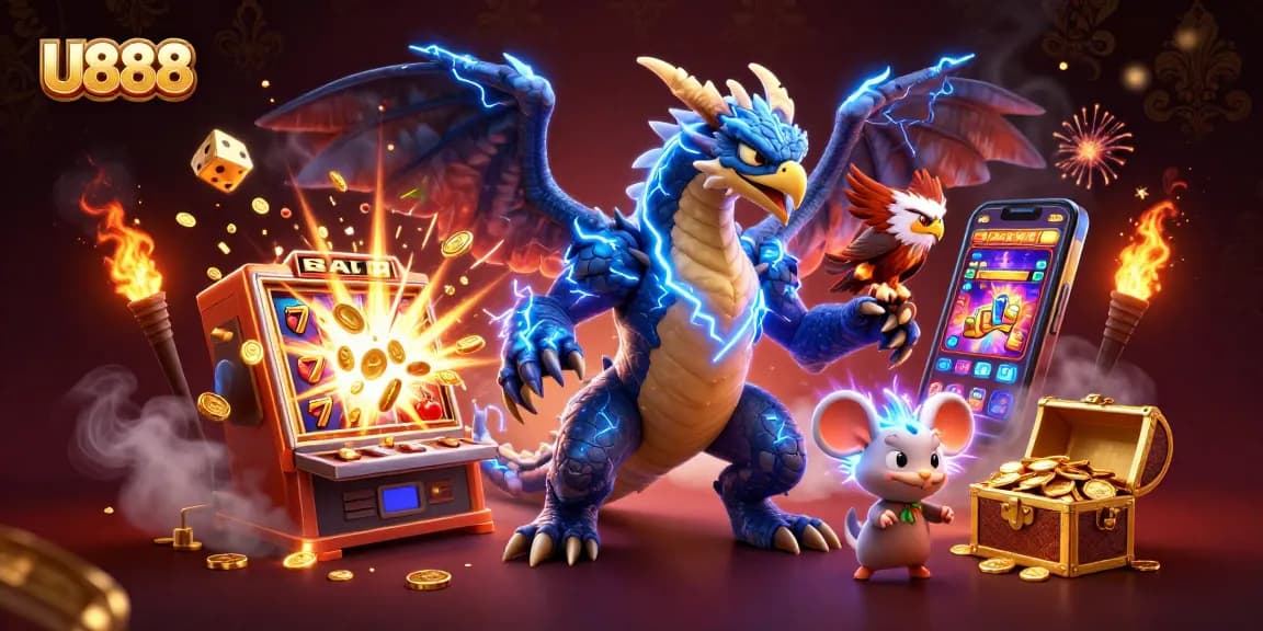 Spin the reels with U888, featuring a dynamic thunder dragon, jackpot elements, and vibrant casino ambiance.
