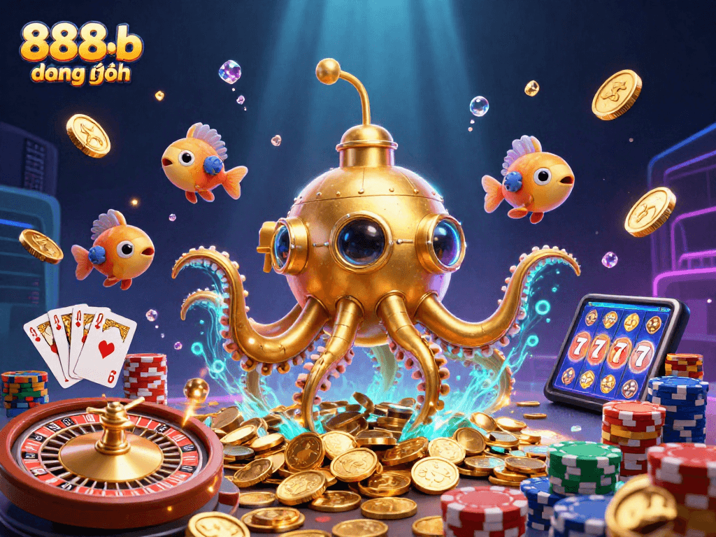 Engage with 888b đăng nhập, featuring a lively kraken submarine surrounded by casino elements, ready for fun!