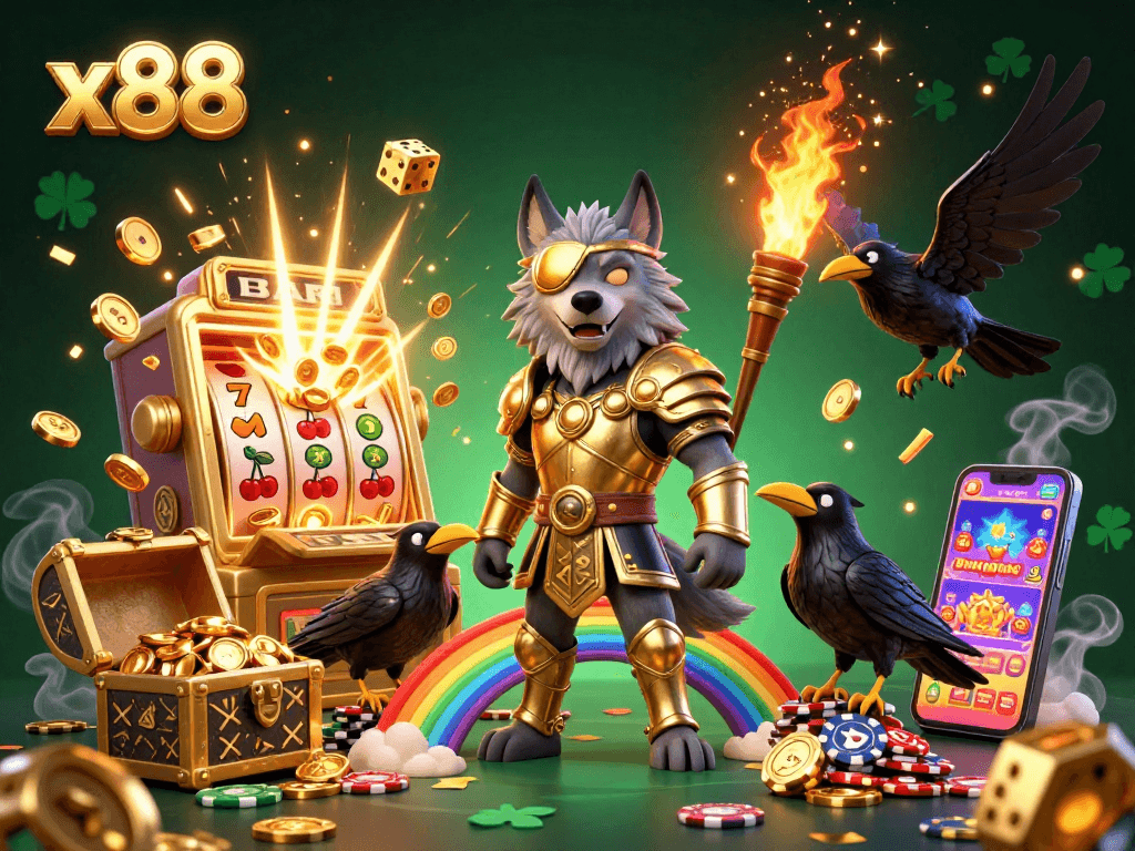 x88 players enjoy slots with a dazzling 3D casino scene featuring Odin, ravens, and vibrant gaming elements.