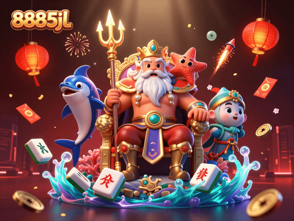 Experience thrilling moments in 8885jl casino with vibrant 3D sea king Neptune illustration.