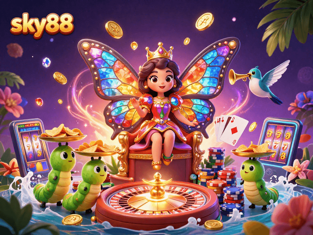 Sky88 features a magical casino scene with a butterfly queen, cascading coins, and vibrant poker chips.