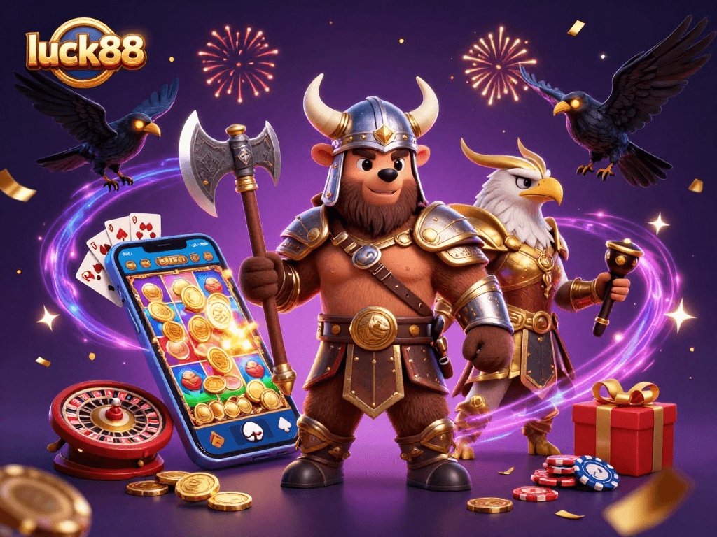 Experience immersive fun with luck88 as a Viking berserker bear joins a golden-armored Valkyrie in a vibrant casino scene.