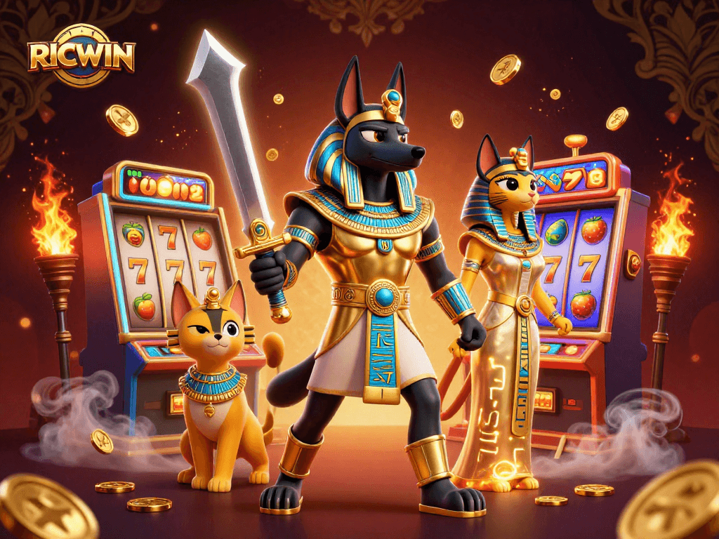 Play RICWIN slots with Anubis and Bastet in a captivating 3D casino scene filled with excitement.