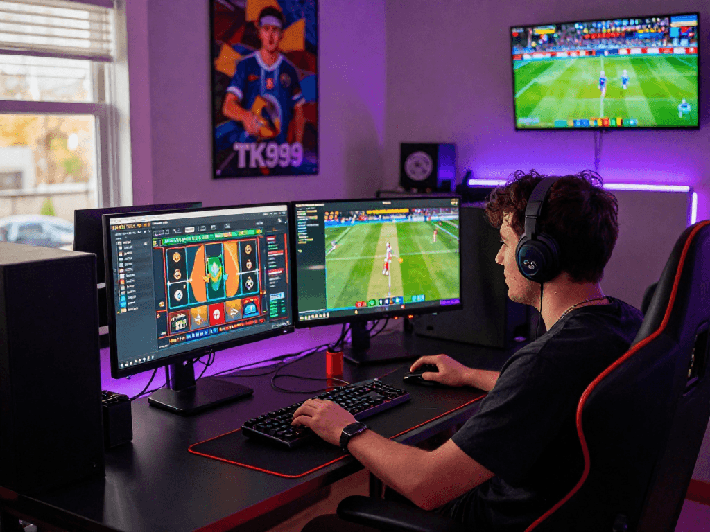 Engaged player experiencing TK999 online sports betting and casino games in a modern gaming setup.