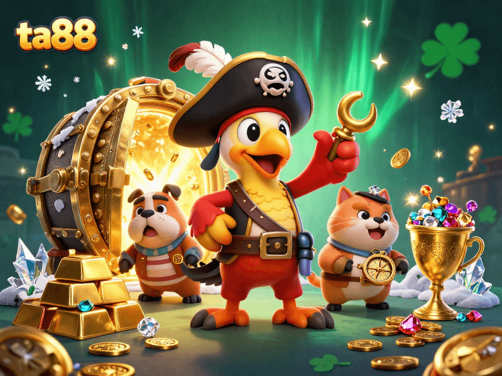 Experience thrilling gaming adventures with the ta88 brand, featuring a pirate captain, bulldog, and cat among riches.