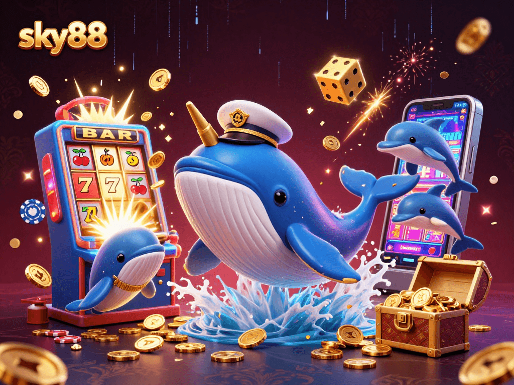 Experience thrilling big wins at sky88 with a whimsical 3D whale and captivating casino elements.