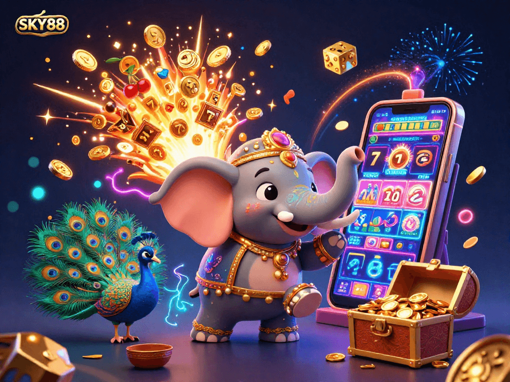 Experience the rich world of SKY88's casino with an illustrated jackpot explosion and vivid characters.