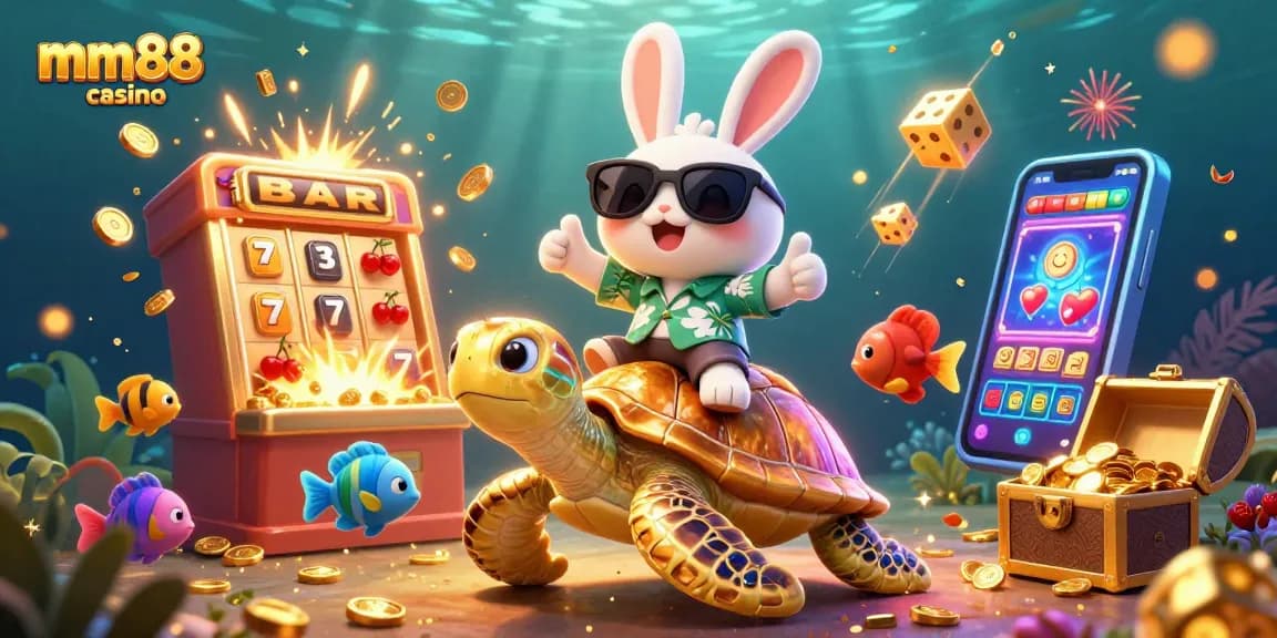 Experience the thrill of mm88 casino with a lucky rabbit and sea turtle amidst vibrant gaming elements.