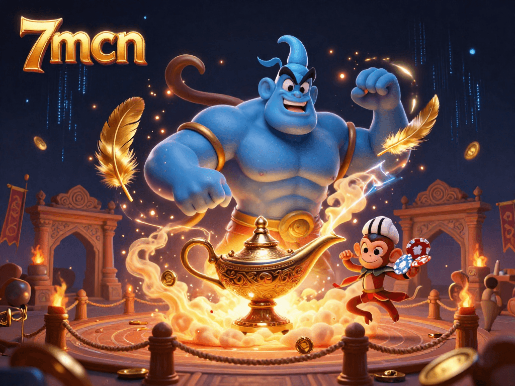 Engage with the thrilling world of 7mcn, where a powerful genie and monkey enhance your gaming adventure with vibrant casino symbols.