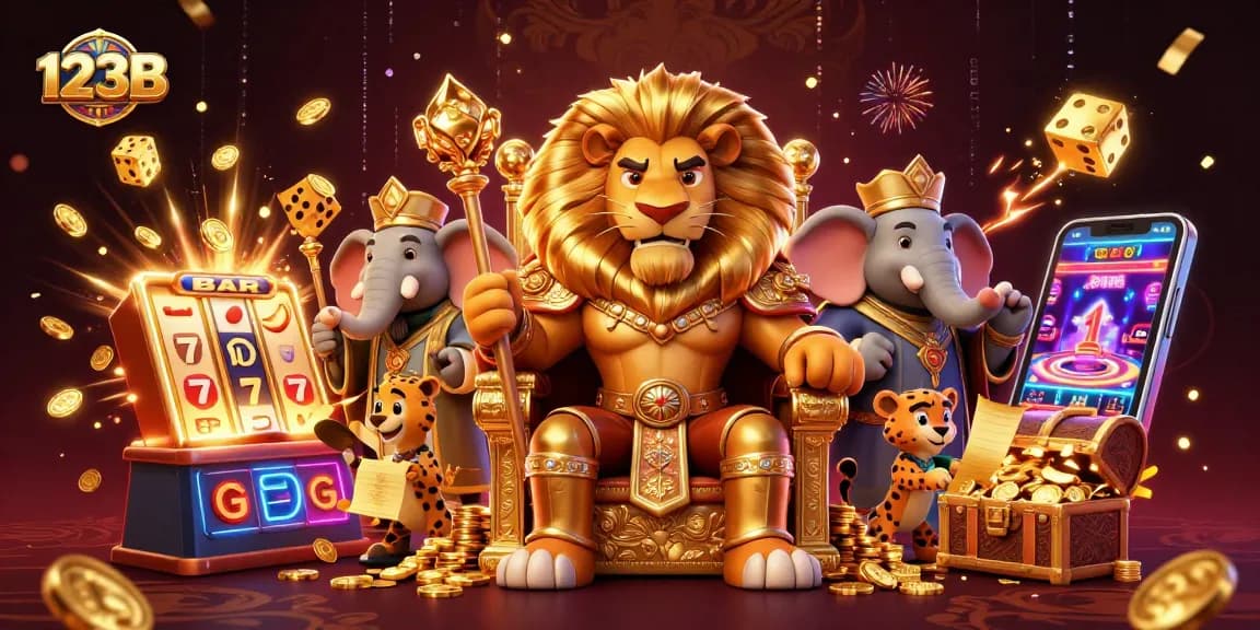 Experience excitement at 123B Casino with a lion king on a throne surrounded by slot machines.