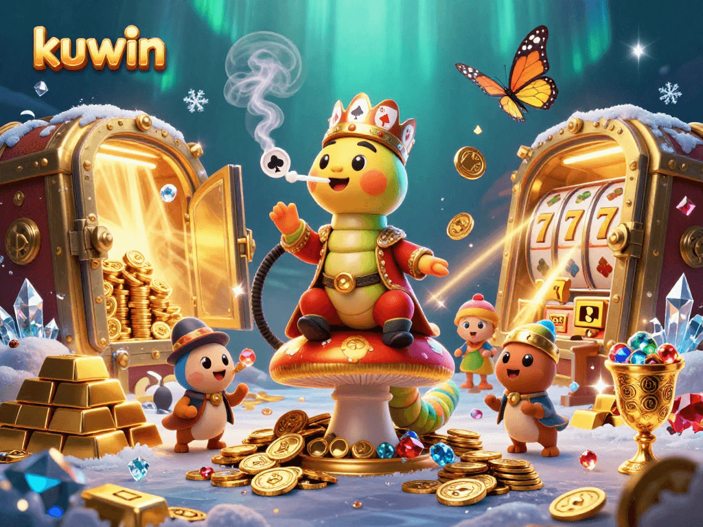 Kuwin casino illustration featuring a caterpillar hookah-master amidst golden treasures and jackpots.