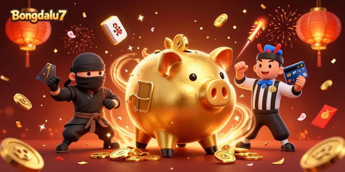 Bongdalu7 showcases an intense gambling scene with a sumo wrestler piggy bank and ninja action, filled with thematic holiday elements.