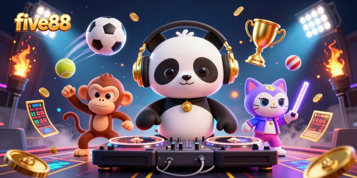 Engage with five88's thrilling dynamic gaming scene featuring a DJ panda amidst sports betting excitement.