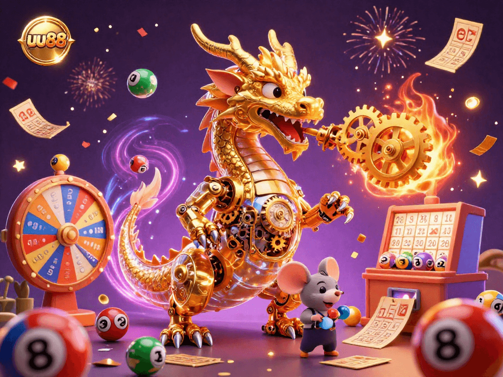 Engage with uu88's thrilling gaming experience amid a vibrant 3D casino scene filled with lottery elements.