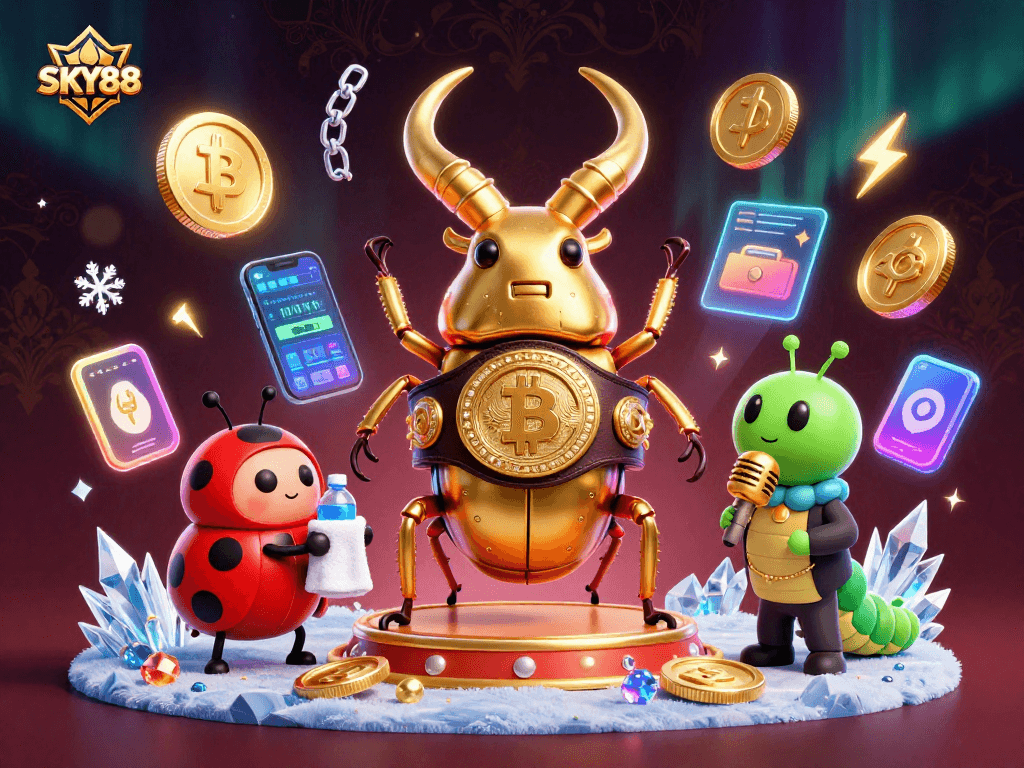 Experience the excitement at SKY88 with a dynamic 3D casino illustration showcasing gaming and crypto elements.