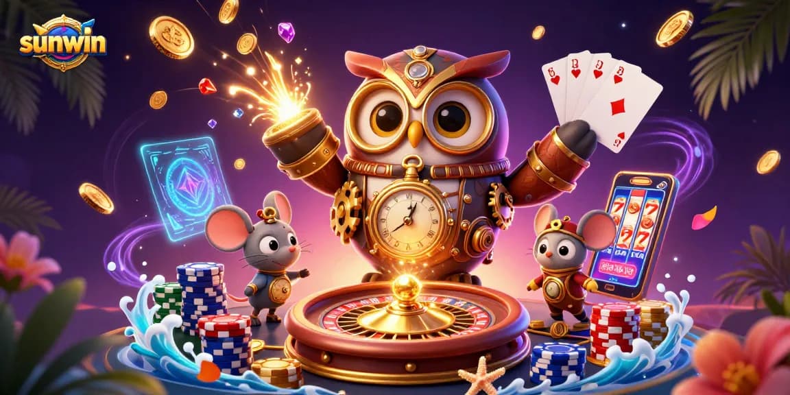 Experience sunwin action with a 3D cartoon owl and steampunk mouse amidst a vibrant casino scene.