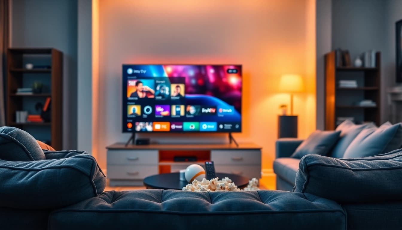 Watch the vibrant interface of iron tv pro on a modern TV in a cozy living room.