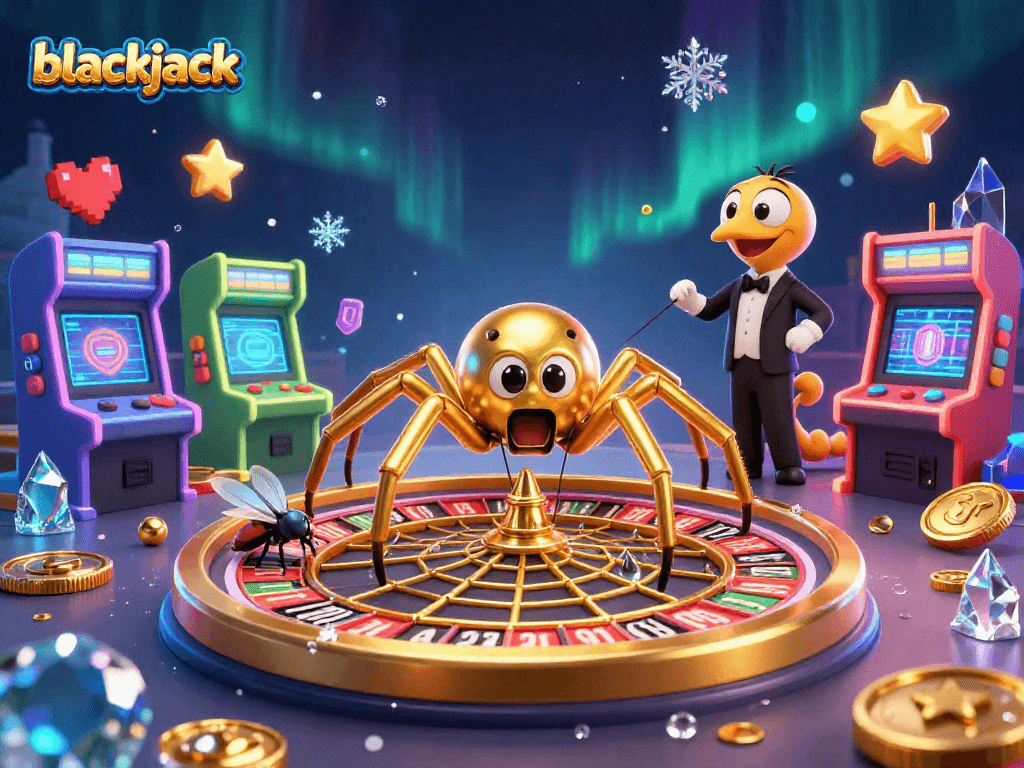 Engage in blackjack as cartoon characters spin a roulette web, symbolizing vivid casino excitement.