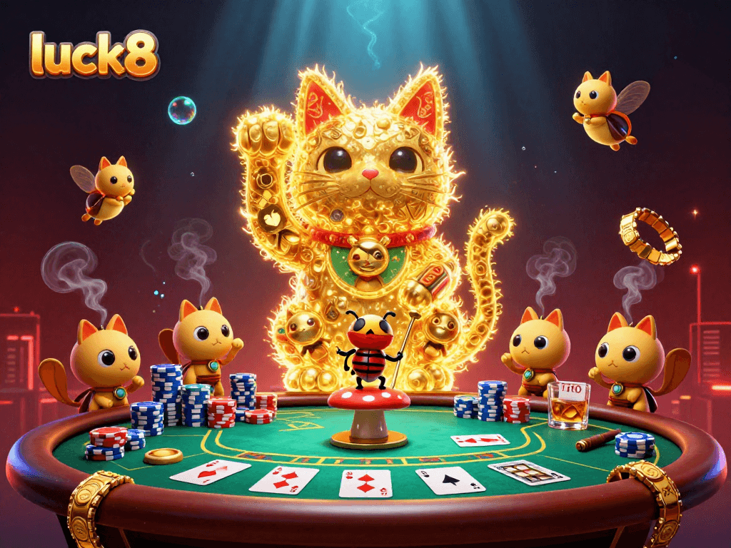 Experience luck8 magic with golden fireflies and casino symbols swirling on a vibrant scene.