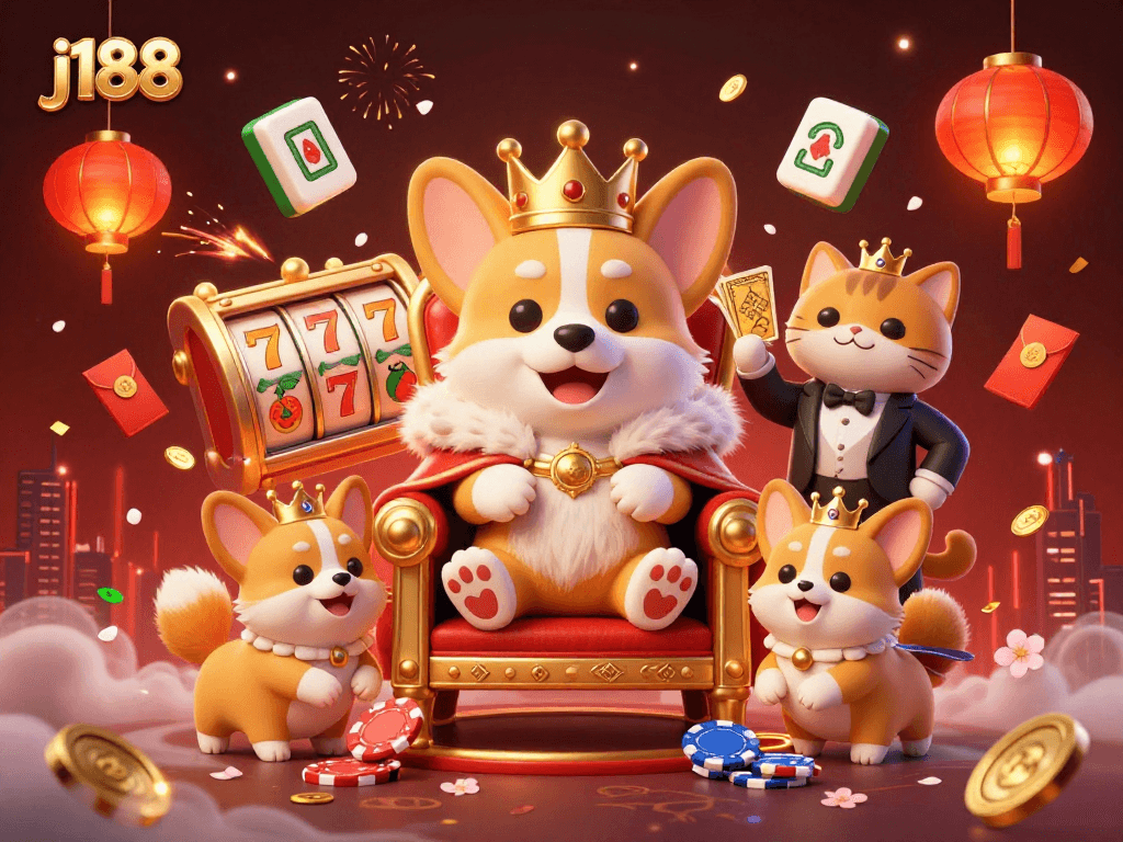 Experience the excitement of j188 with royal corgi and vibrant gambling elements in 3D illustration.