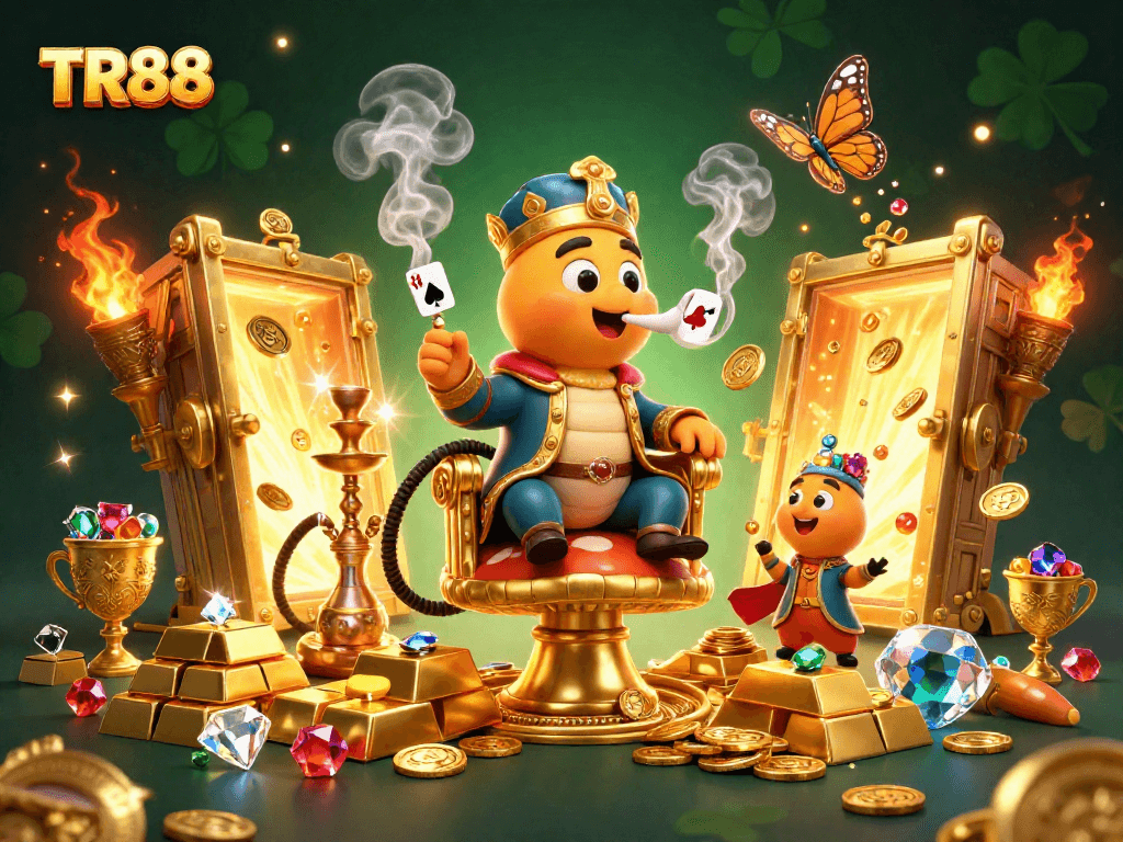 Engage in thrilling online gaming with TR88's extravagant 3D casino illustration showcasing vibrant characters.