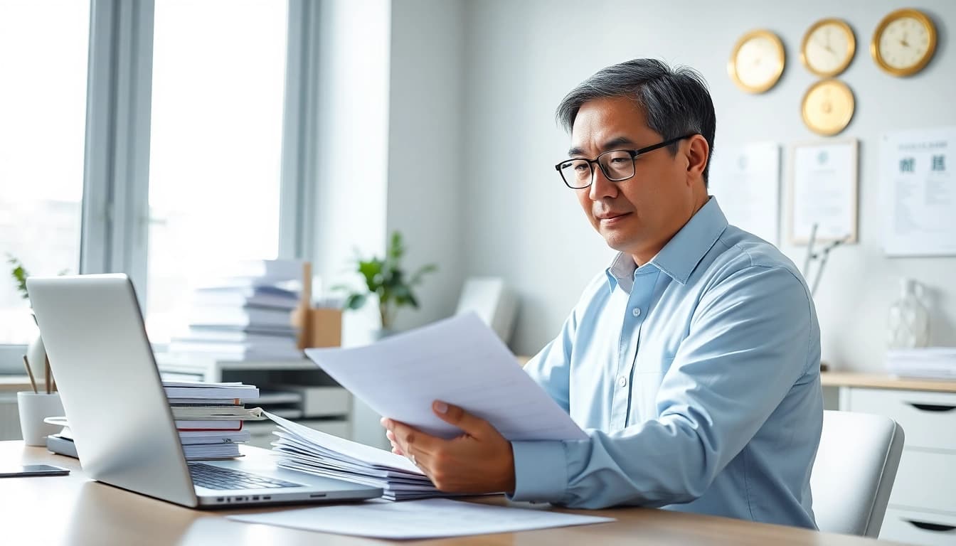 Certified translator working in a modern office with documents, laptop, and certifications.