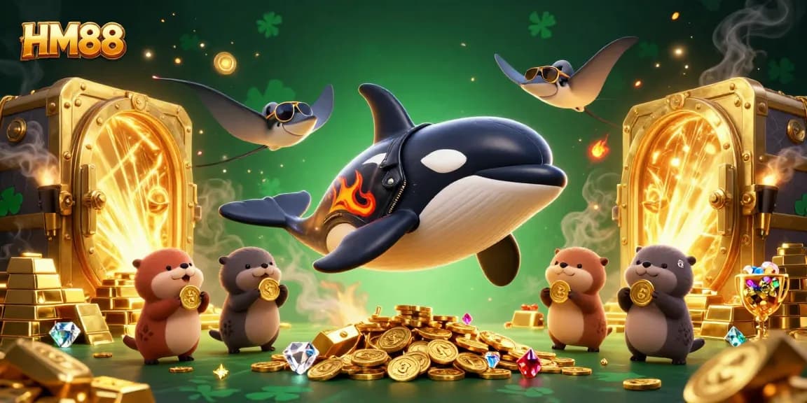 Experience thrilling gaming at HM88 with a cartoon whale jumping over treasure in this vibrant scene.