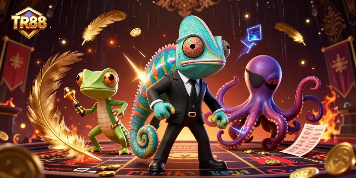 TR88 sports betting scene featuring a chameleon, gecko, and octopus amidst golden tokens and betting slips