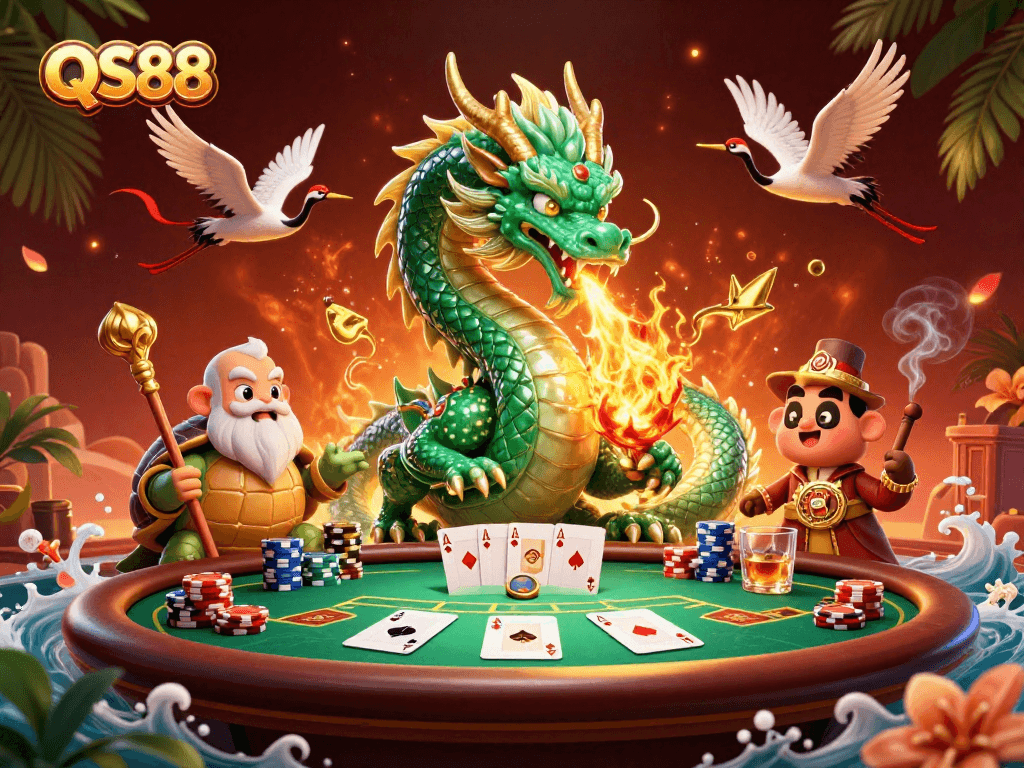 Experience thrilling gameplay at QS88 with a dynamic casino scene filled with dragons and poker.