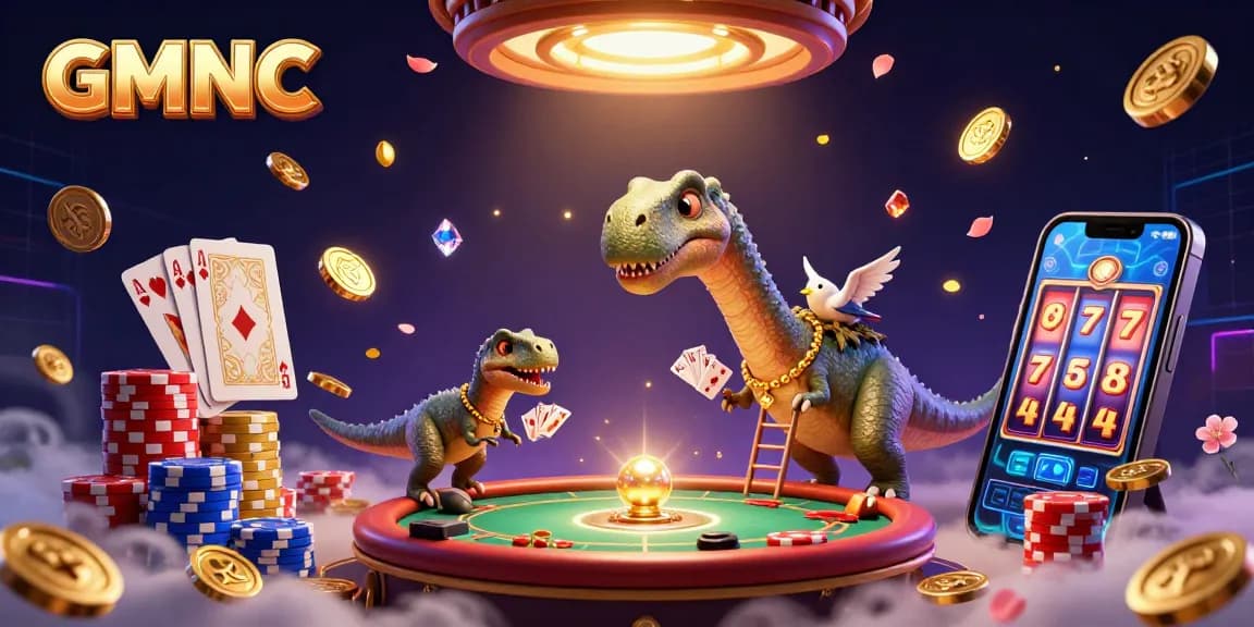 Experience the thrilling atmosphere of GMNC with a towering brontosaurus overseeing a lively casino scene full of action.